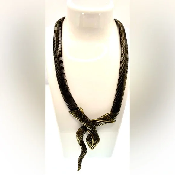 Vintage Bronze Tone Mesh Chain Snake Necklace Choker Bold Unique Statement - Picture 2 of 8